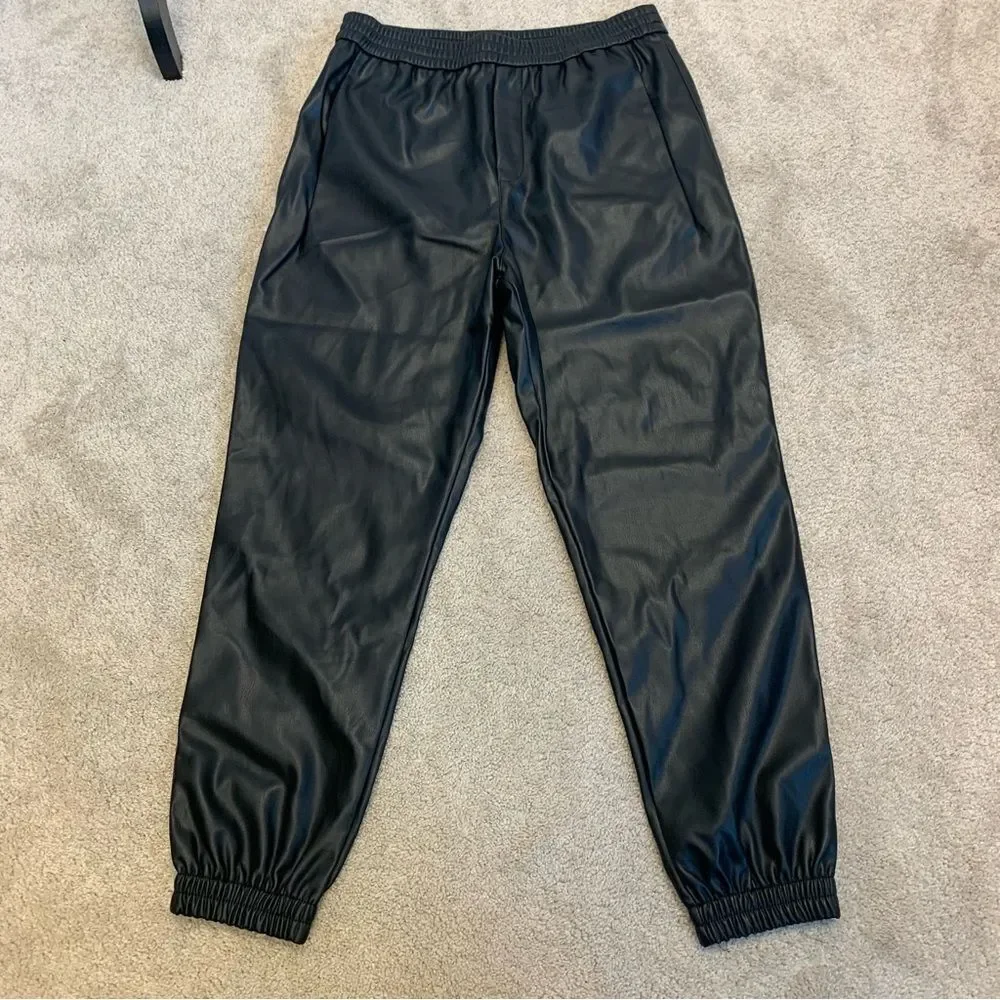 Zara black faux leather vegan joggers pull on Sz M NWT - Picture 5 of 13
